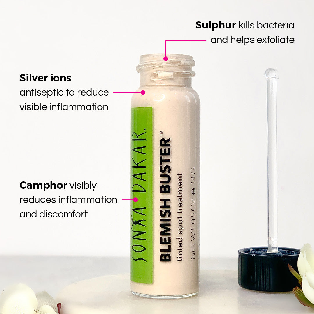 Blemish Buster uses a combination of sulphur, silver ions, and camphor to reduce inflammation and discomfort