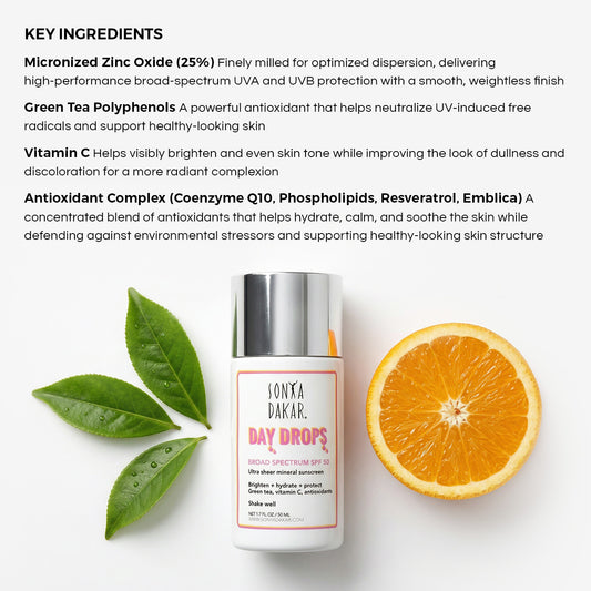 Day Drops combines Zinc Oxide with an antioxidant complex to improve your skin's appearance while protecting you from UVA and UVB radiation
