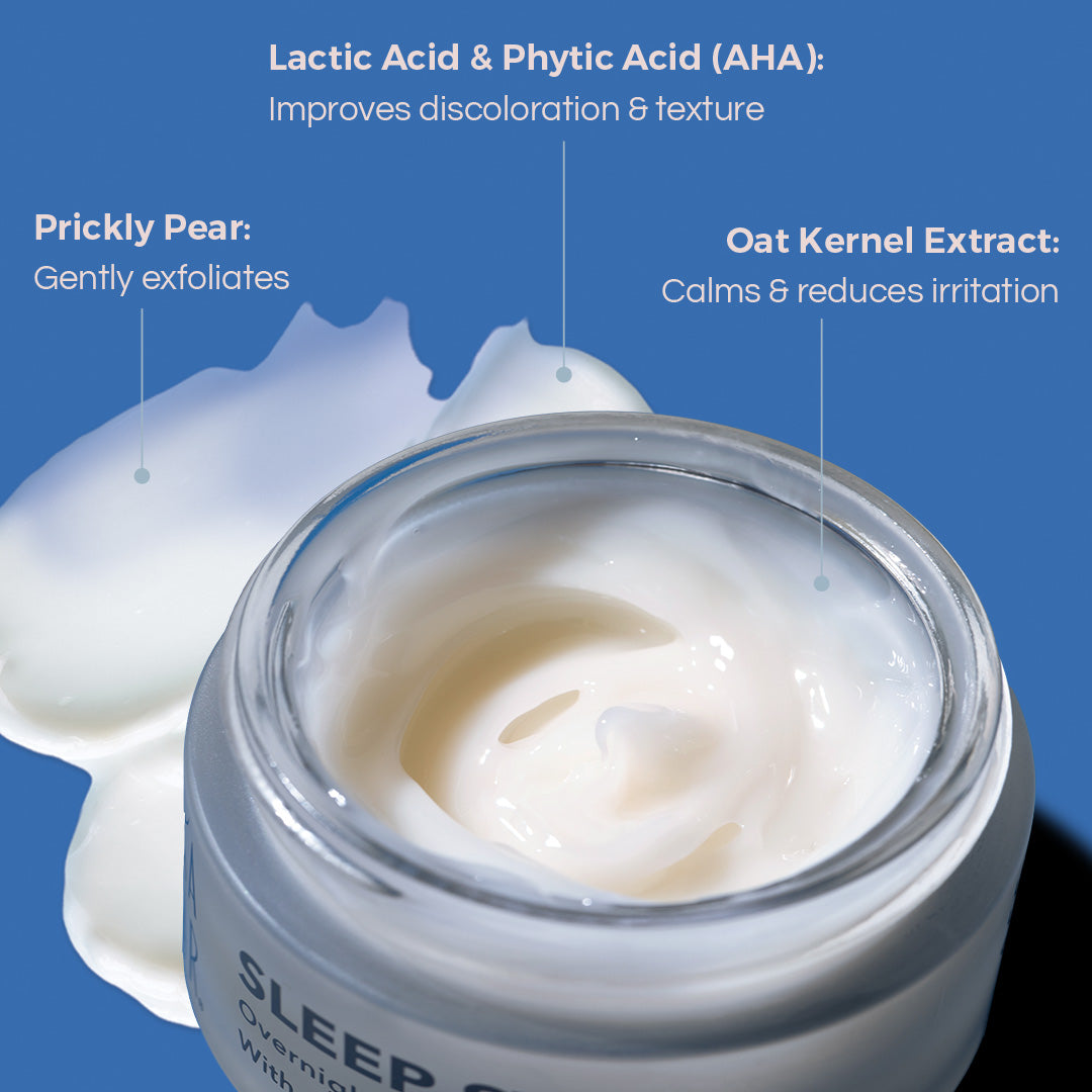 Sleep Star is formulated with lactic acid, phytic acid, prickly pear, and oat kernel extract to help reduce discoloration and irritation.