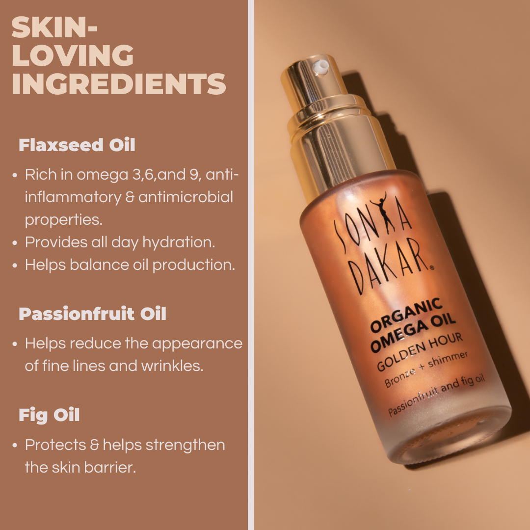 Golden Hour ingredients – flaxseed oil, passionfruit oil, and fig oil for skin nourishment
