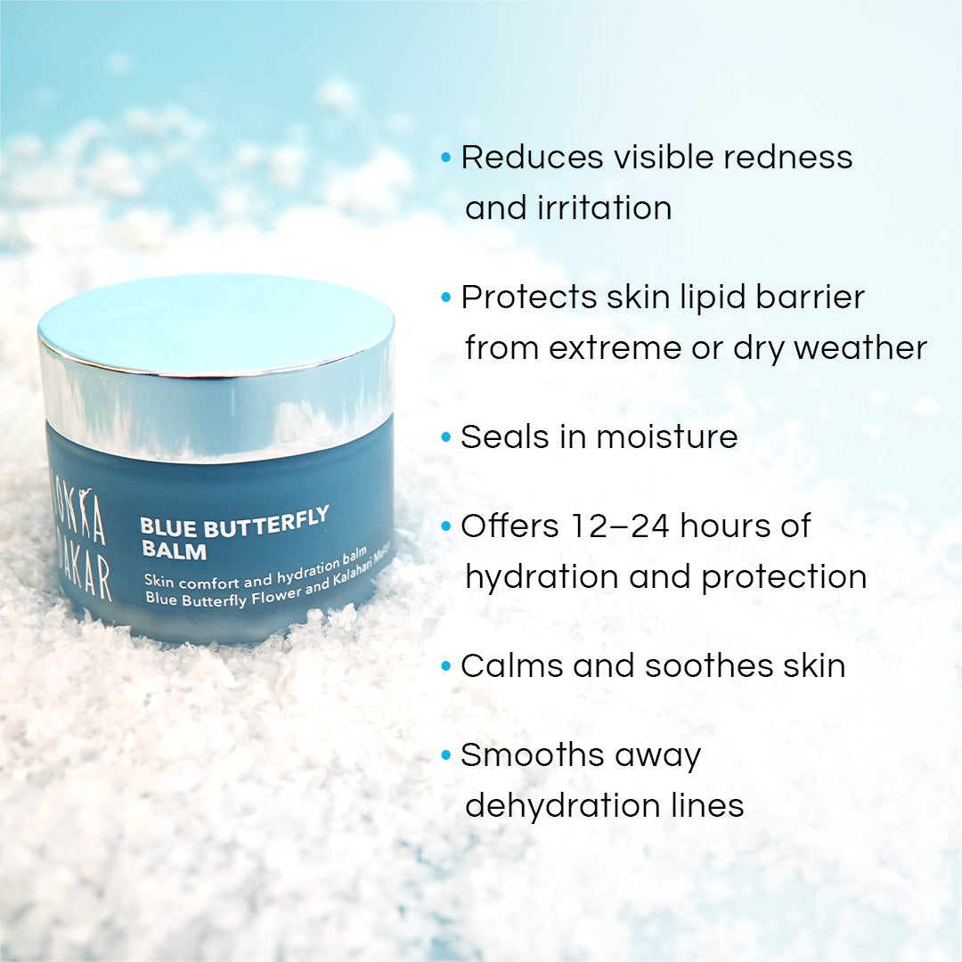 Blue Butterfly Balm benefits – seals in moisture and reduces visible redness