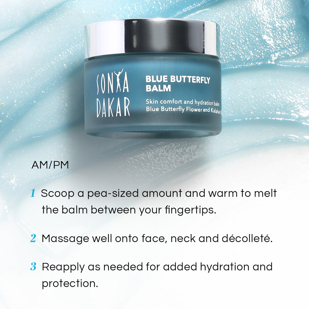 How to use Blue Butterfly Balm – warm between fingers and massage onto face and neck