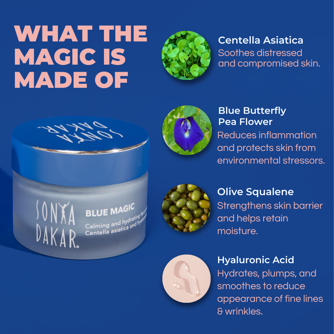 Blue Magic is formulated with a targeted combination of natural ingredients including Centella Asiatica to soothe distressed skin, blue butterfly pea flow to reduce inflammation, and olive squalene to strengthen skin barrier.