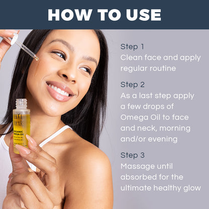 How to use Organic Omega Oil. Apply to clean face as part of your regular routine and massage until absorbed.