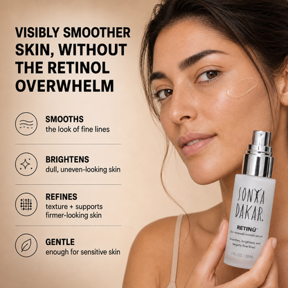Retinol smooths the look of fine lines, brightens dull-looking skin, refines skin texture, and is gentle enough for sensitive skin