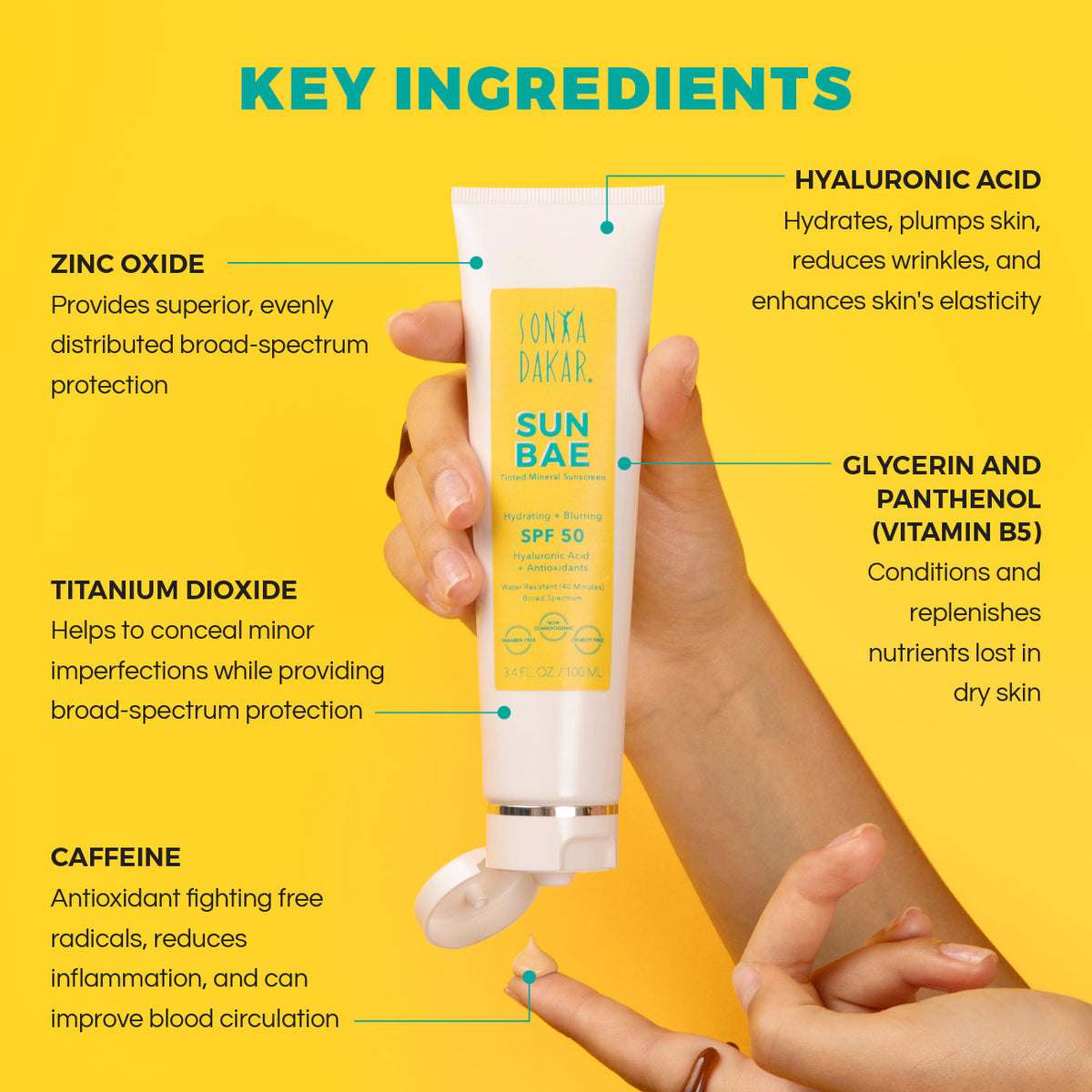 Sun Bae key ingredients – zinc oxide, titanium dioxide, caffeine, hyaluronic acid
