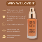 Golden Hour Organic Omega Oil protects from environmental stressors and adds warm glow