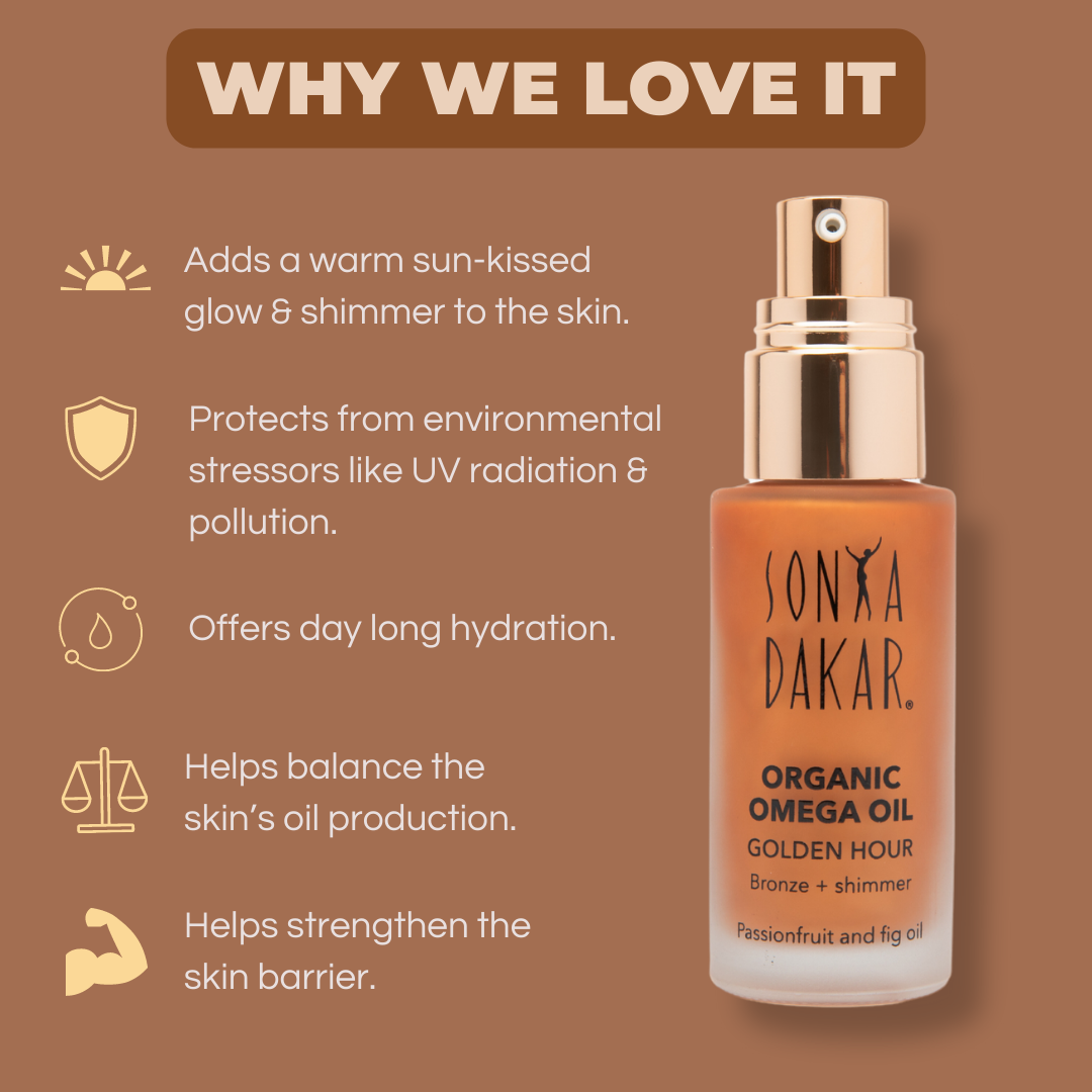 Golden Hour Organic Omega Oil protects from environmental stressors and adds warm glow