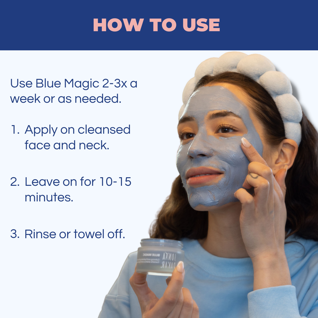 How to use Blue Magic face mask – apply to cleansed face and rinse after 10 to 15 minutes