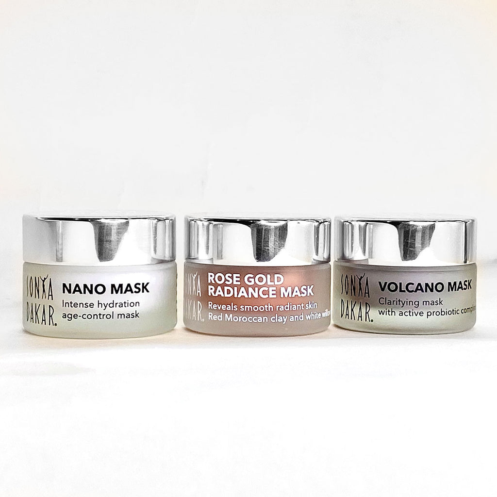 Sonya Dakar Mini Mask Trio – Rose Gold Radiance, Volcano, and Nano Mask set